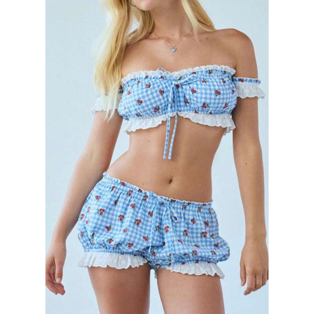 Out From Under Gingham Cherry Set Blue White Eyelet Lace Smocked Small Medium
